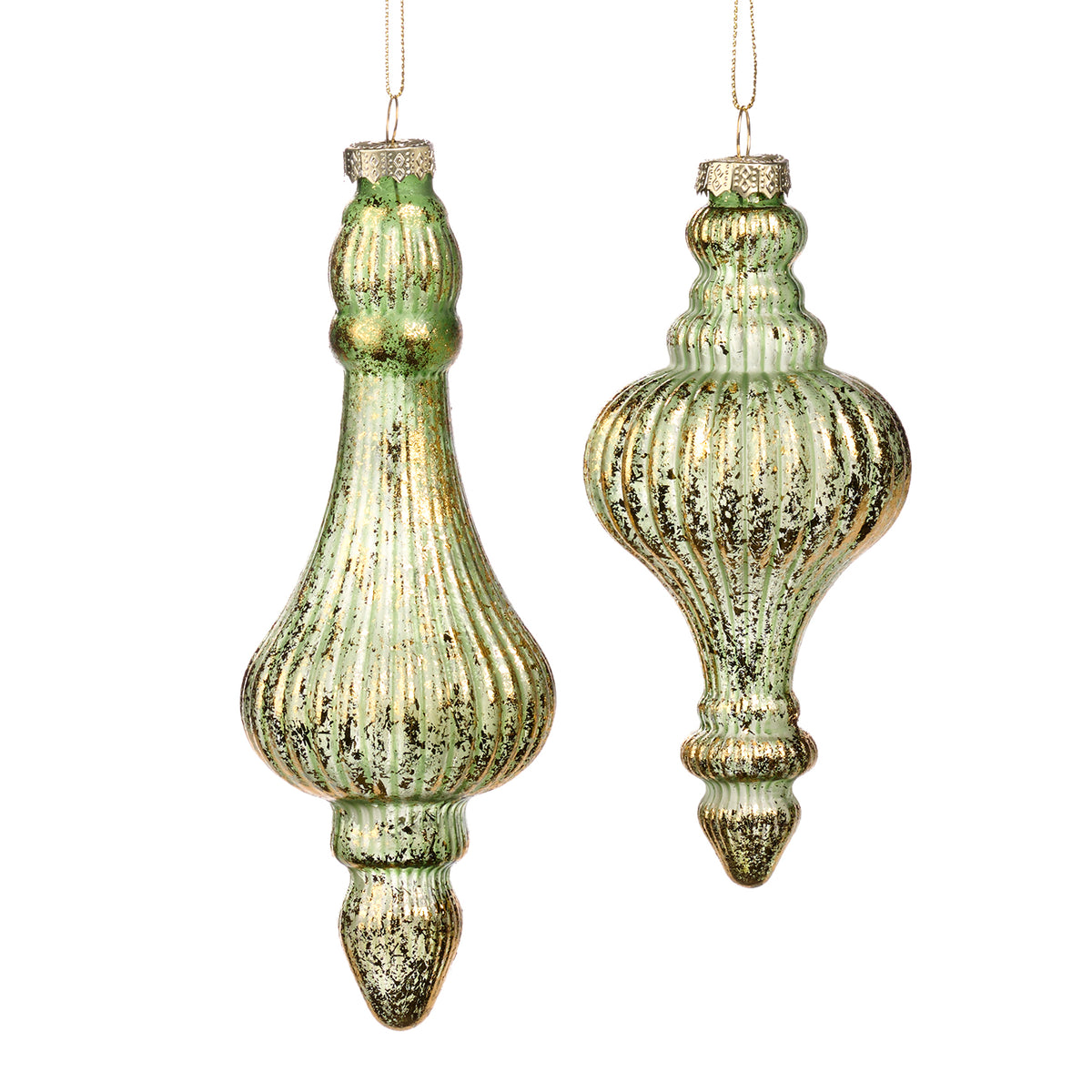 Set 2 ornamente alungite din sticlă 3D striate, auriu/verde, 18 cm