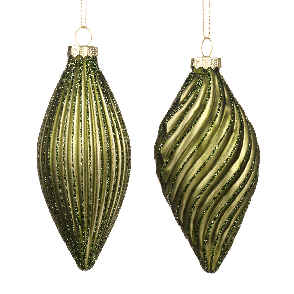 Set 2 ornamente alungite din sticlă 3D striate, cu sclipici, verde, 13 cm