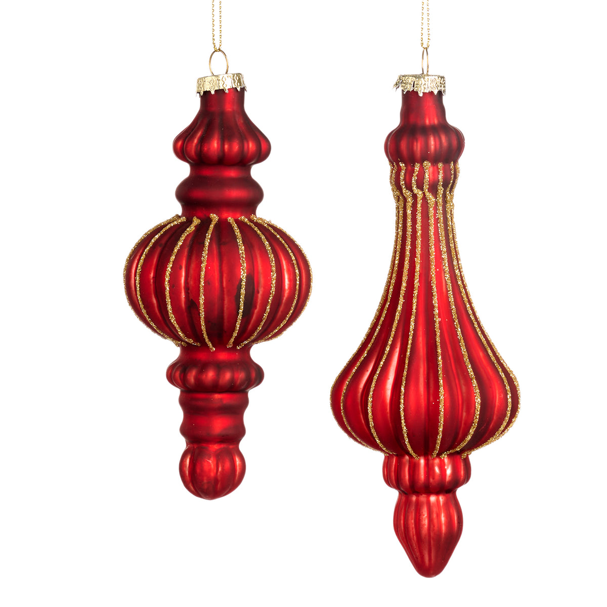 Set 2 ornamente alungite din sticlă 3D striate, roșu/auriu, 18 cm