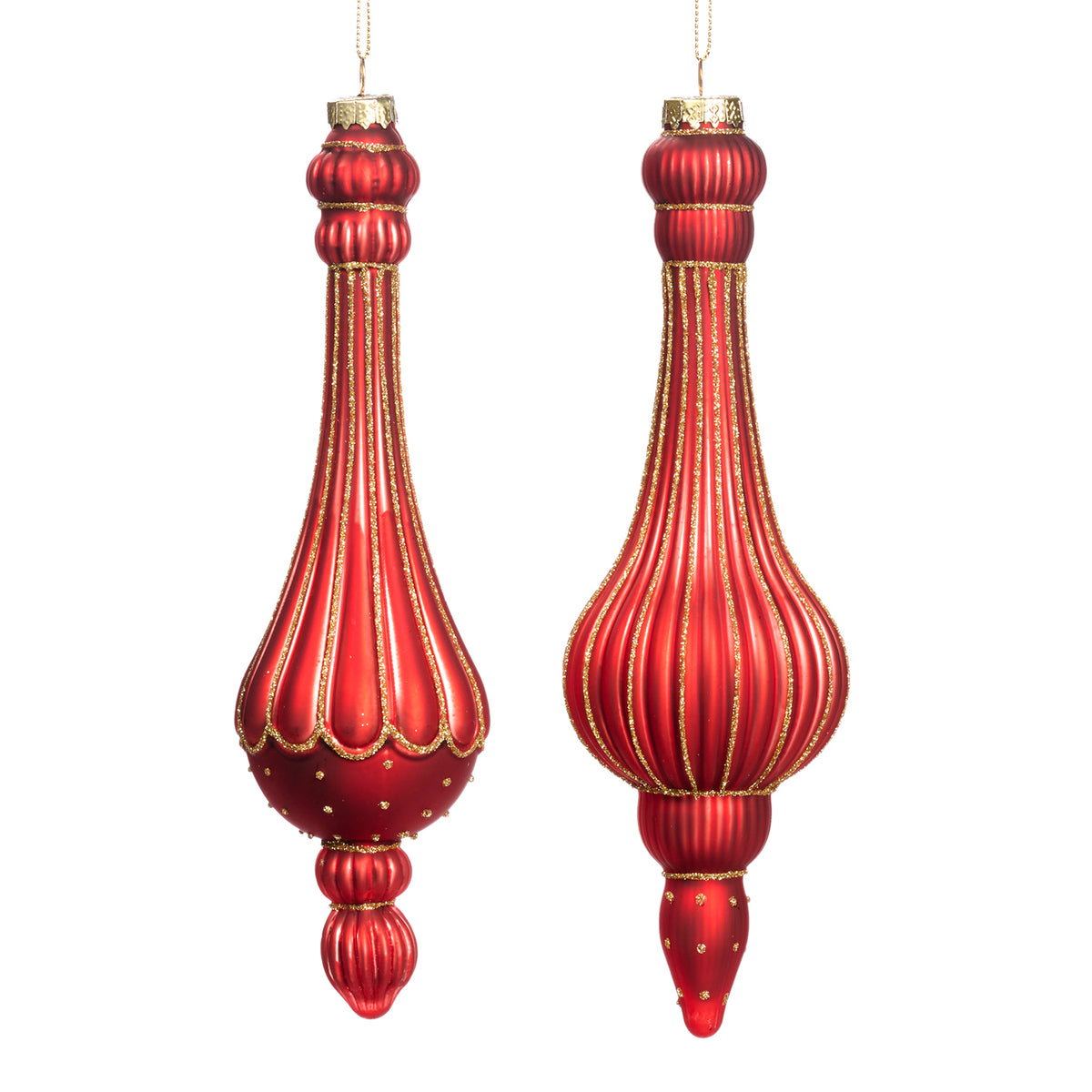 Set 2 ornamente alungite din sticlă 3D striate, roșu/auriu, 24 cm