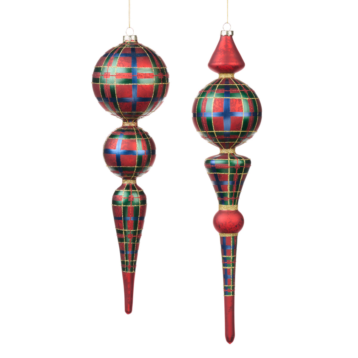 Set 2 ornamente alungite din sticlă antichizată cu model tartan, roșu/verde/albastru/auriu, 41 cm