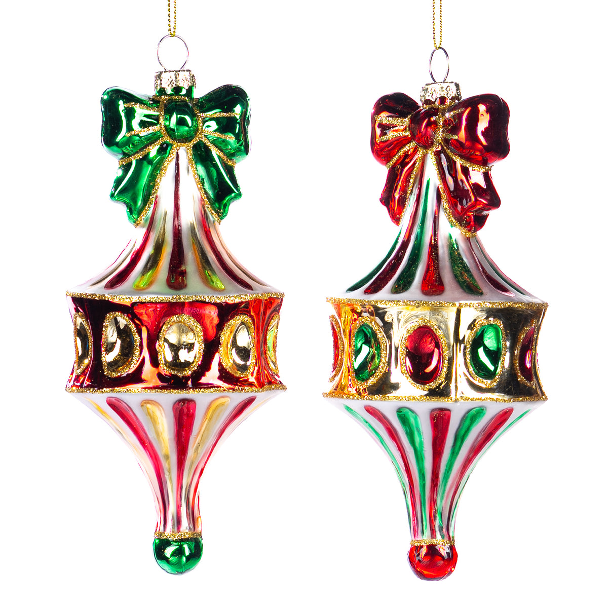 Set 2 ornamente alungite din sticlă cu fundă, cu dungi, roșu/verde, 17 cm