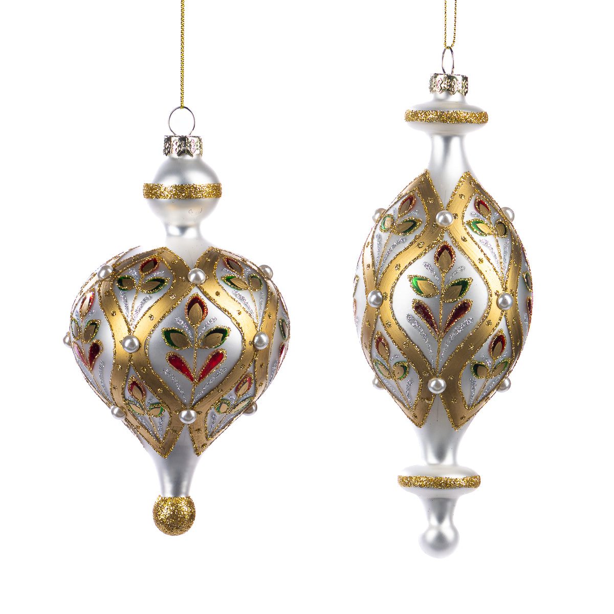 Set 2 ornamente alungite din sticlă cu perle și plasă, crem/auriu, 19,5 cm
