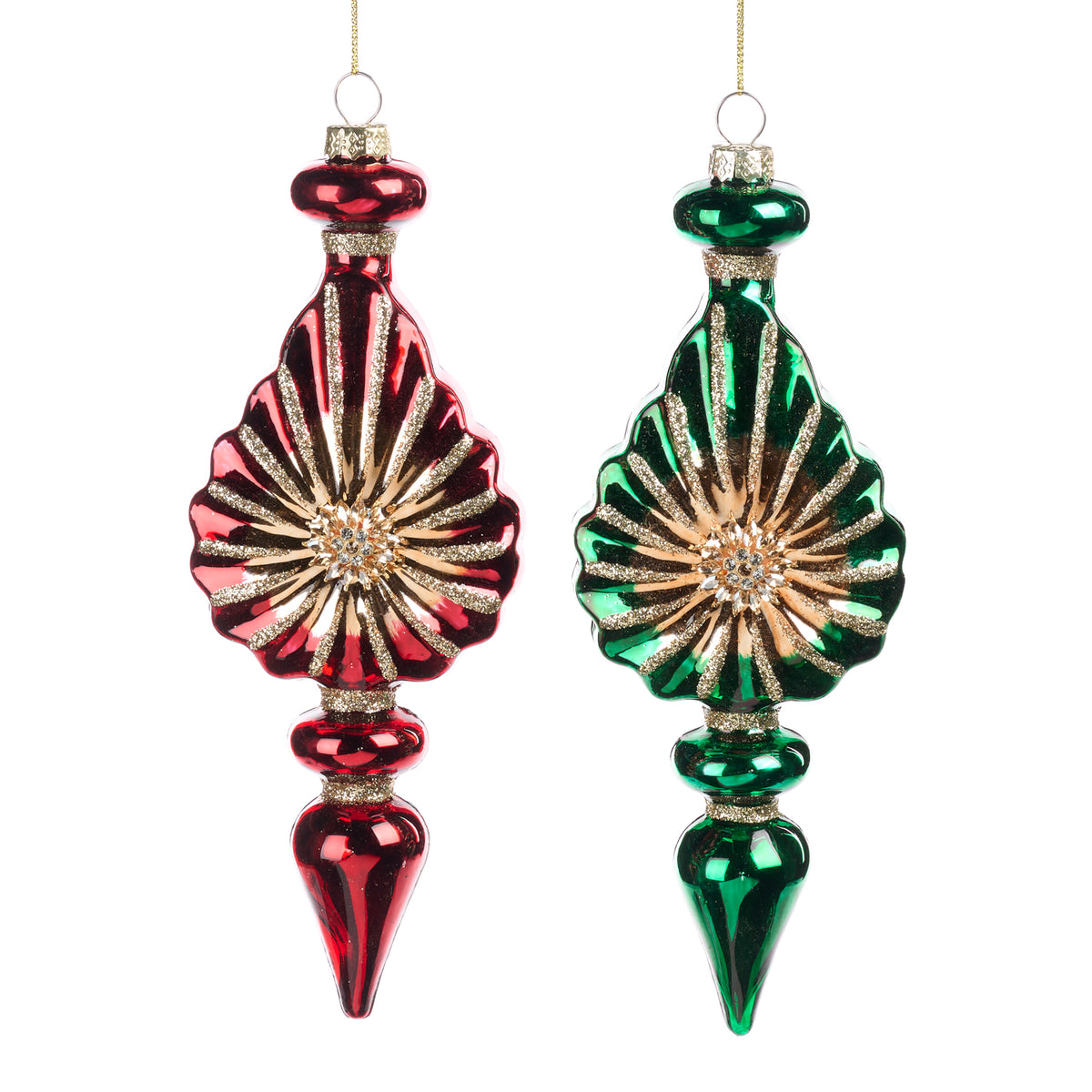 Set 2 ornamente alungite din sticlă cu pietre, roșu/verde/auriu, 23 cm