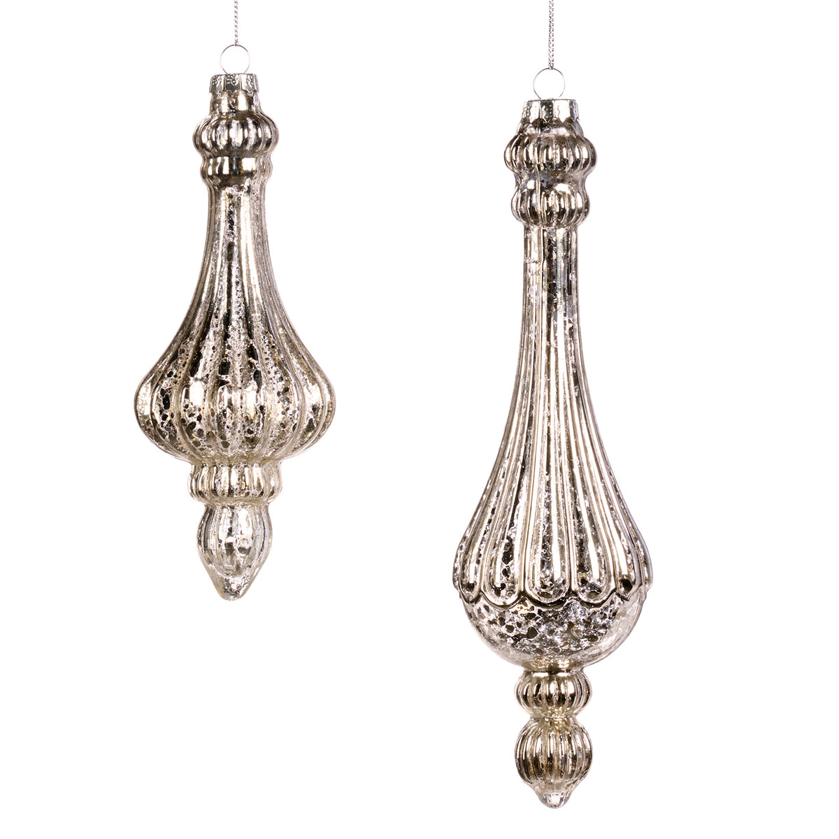 Set 2 ornamente alungite striate din sticlă antichizată 3D, argintiu, 23,5 cm