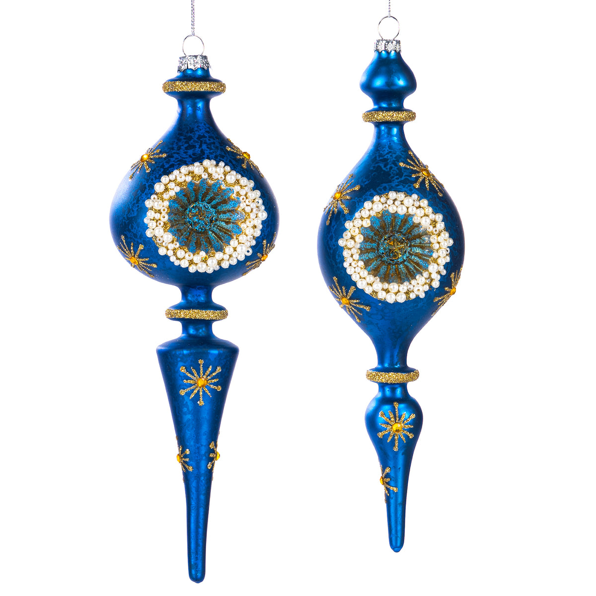 Set 2 ornamente alungite tip reflector din sticlă cu perle, albastru/auriu/alb, 28 cm