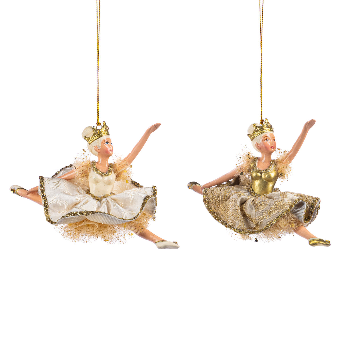 Set 2 ornamente balerine baroce în salt, auriu, 15 cm