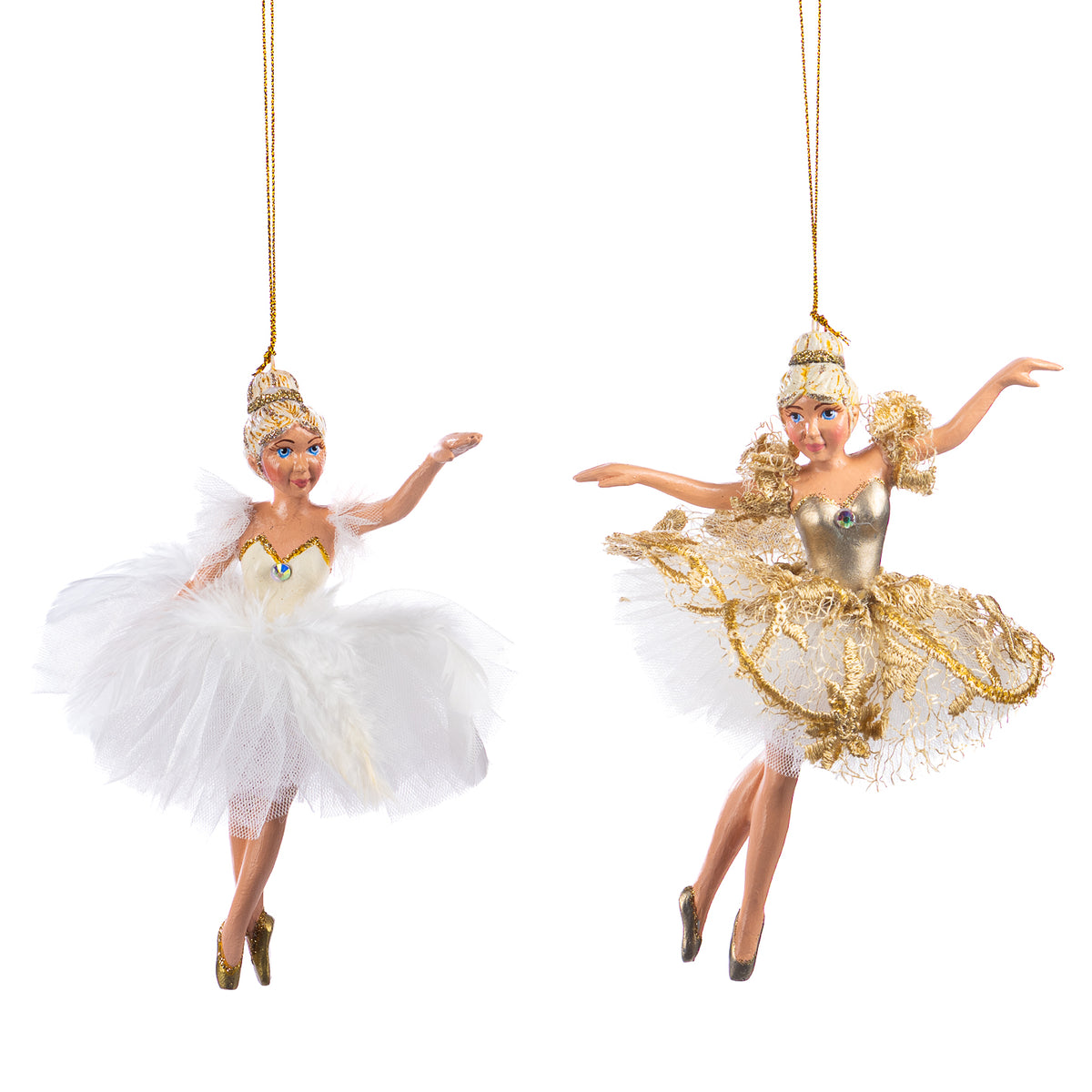 Set 2 ornamente balerine de agățat, alb/auriu, 18 cm