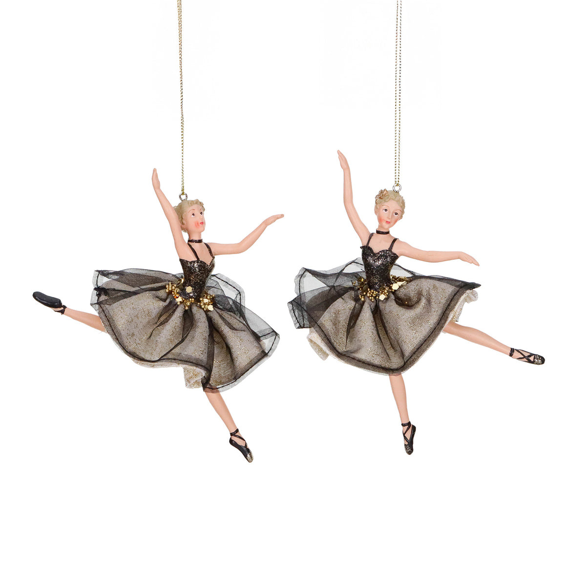 Set 2 ornamente balerine din textil cu mărgele, negru/șampanie, 17,5 cm