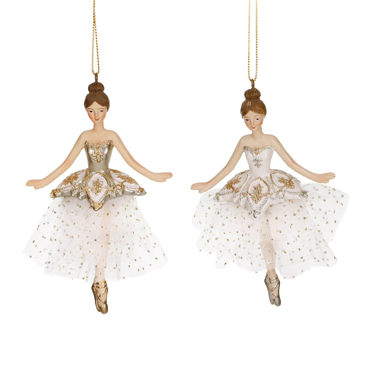 Set 2 ornamente balerine din tul, crem/șampanie, 13,5 cm