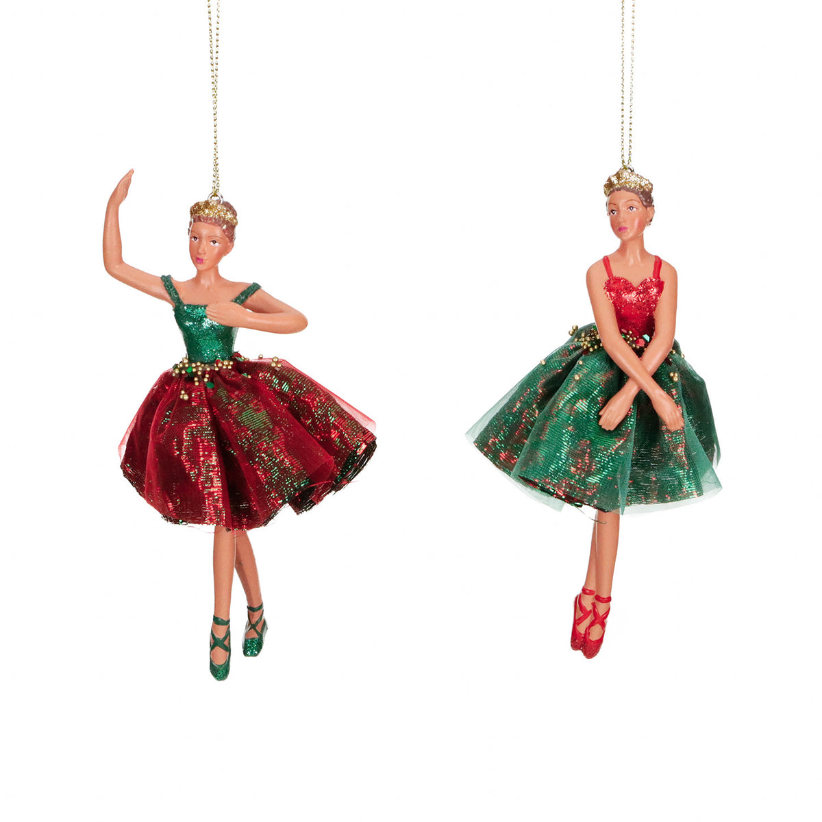 Set 2 ornamente balerine din tul cu mărgele, roșu/verde, 16 cm