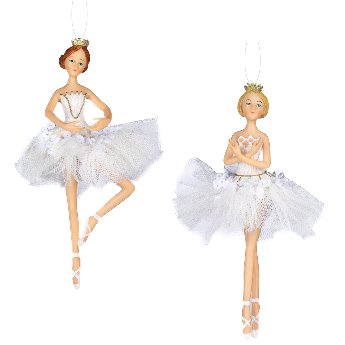 Set 2 ornamente balerine din tul cu paiete, alb, 15 cm