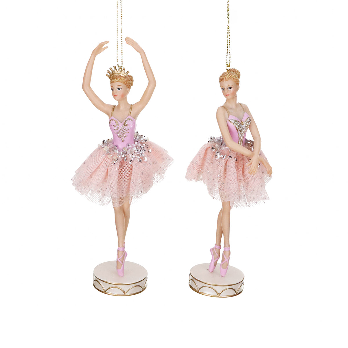 Set 2 ornamente balerine din tul pe bază, de agățat, roz, 18 cm