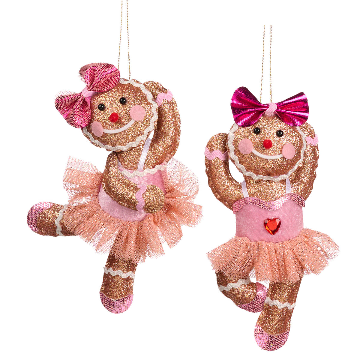 Set 2 ornamente balerine din turtă dulce, din textil, maro/roz, 17 cm