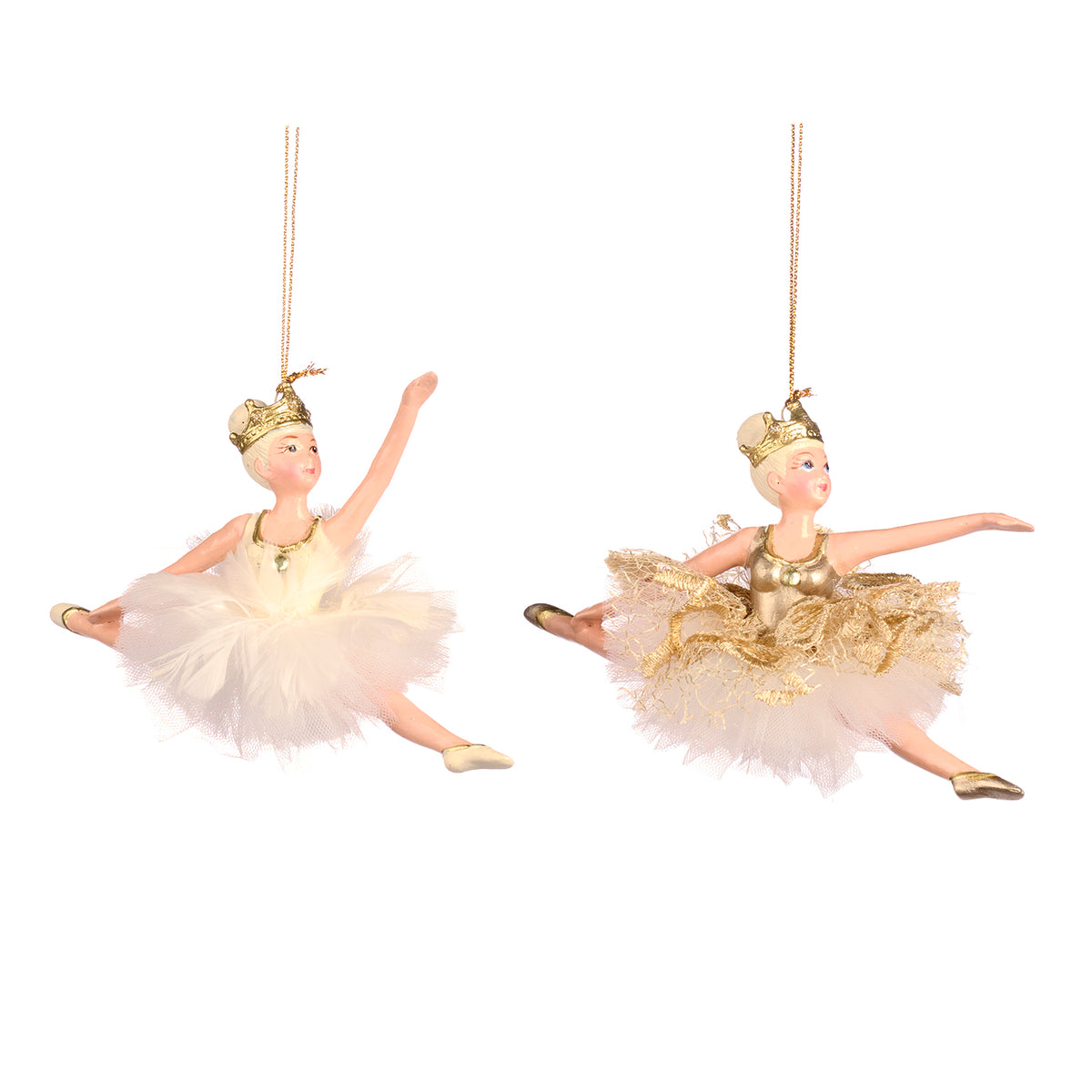 Set 2 ornamente balerine în salt, alb/auriu, 14,5 cm