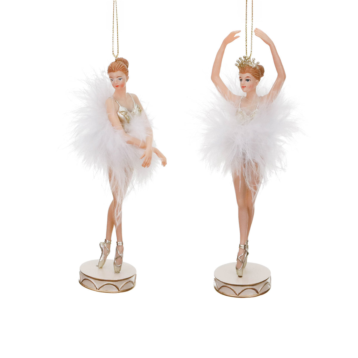 Set 2 ornamente balerine-lebădă din pene pe bază, alb, 18 cm