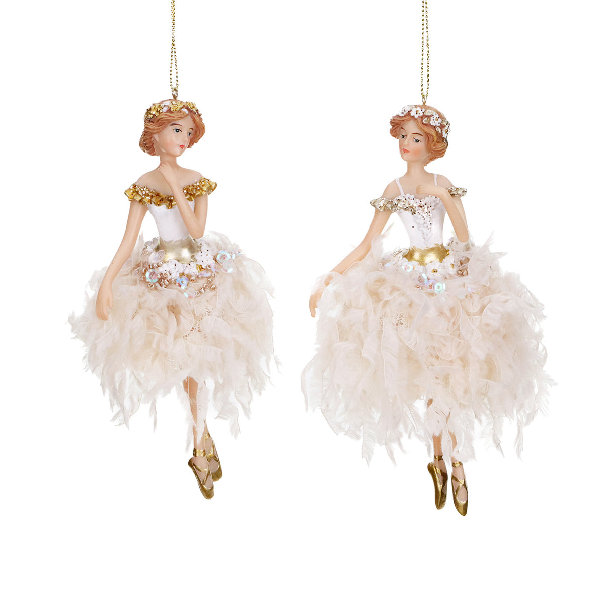 Set 2 ornamente balerine-lebădă pufoase, crem/roz, 15 cm