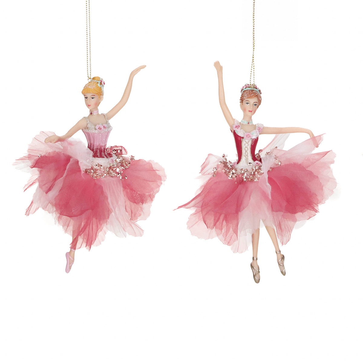 Set 2 ornamente balerine-petale din textil, roz/burgund, 18,5 cm