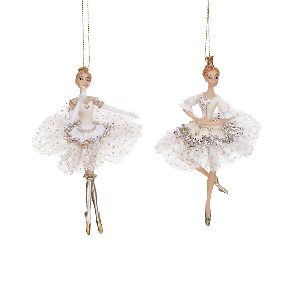 Set 2 ornamente balerine-prințesă din tul, crem/șampanie, 15 cm