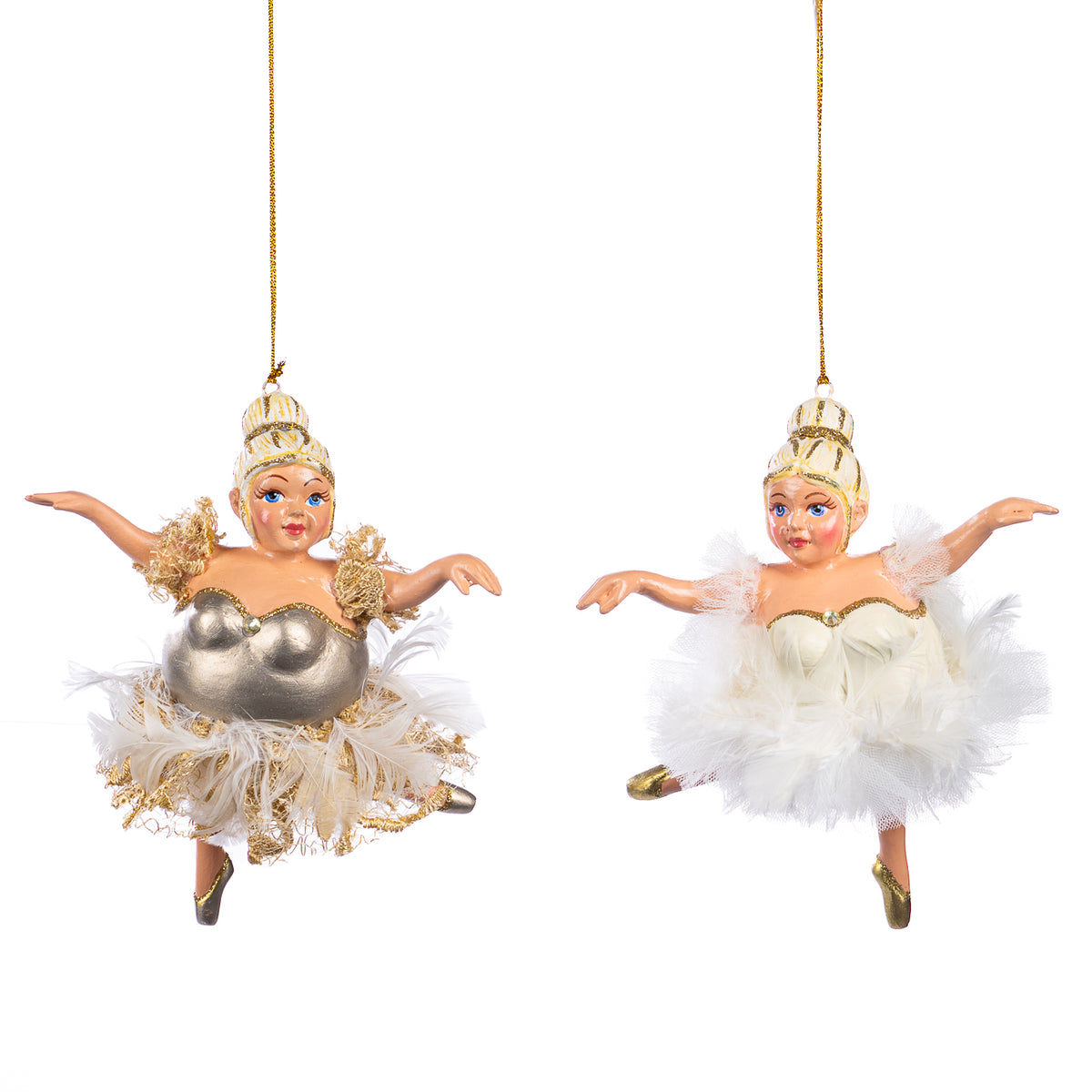 Set 2 ornamente balerine rotofeie de agățat, crem, 12,5 cm