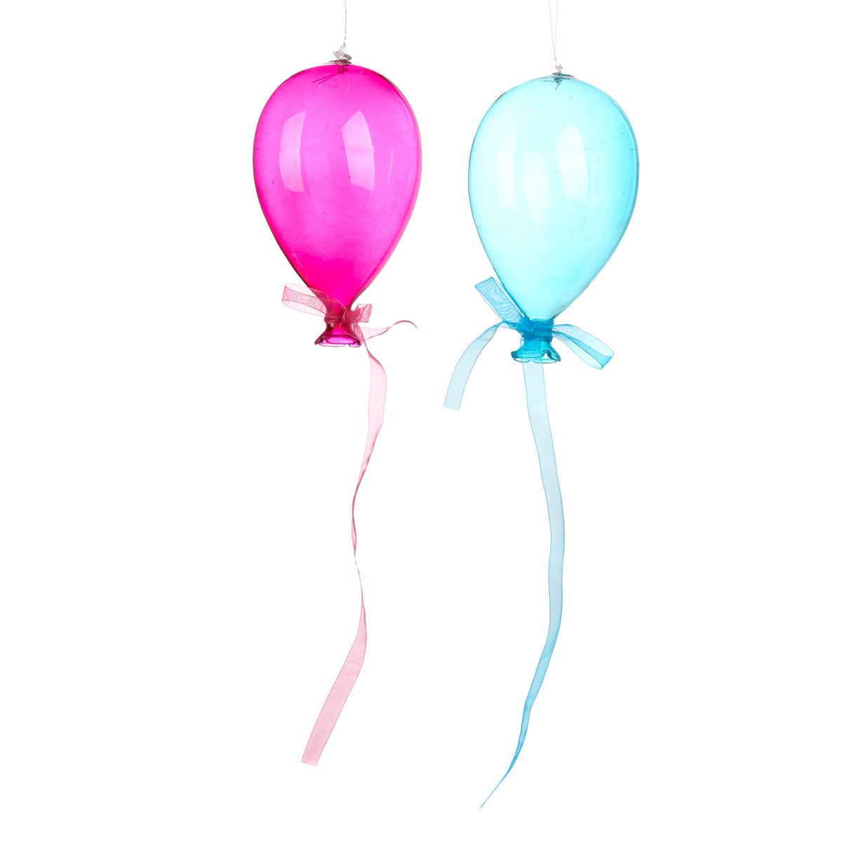 Set 2 ornamente baloane cu panglică din sticlă, roz/albastru, 15 cm