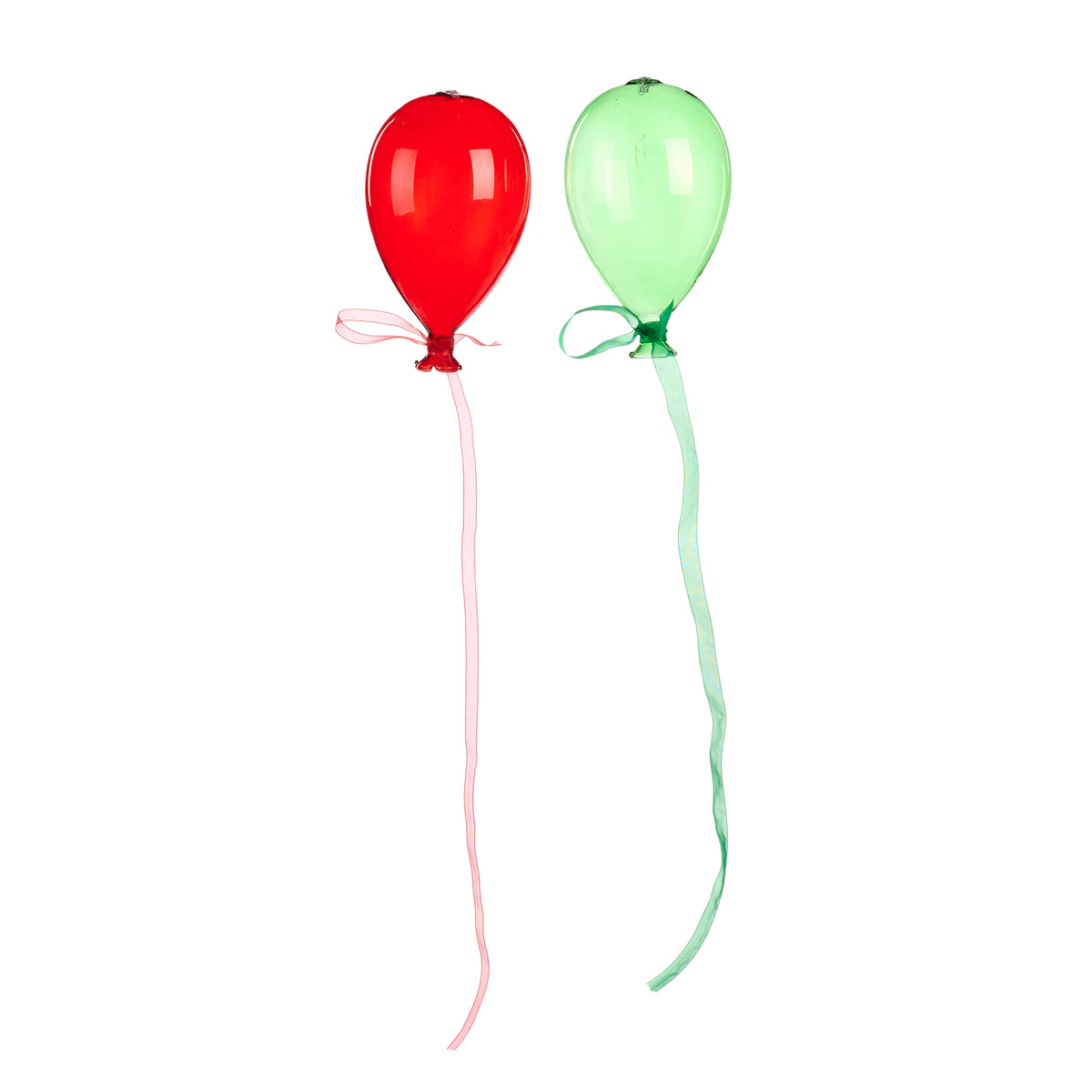Set 2 ornamente baloane din sticlă cu panglică, roșu/verde, 15 cm