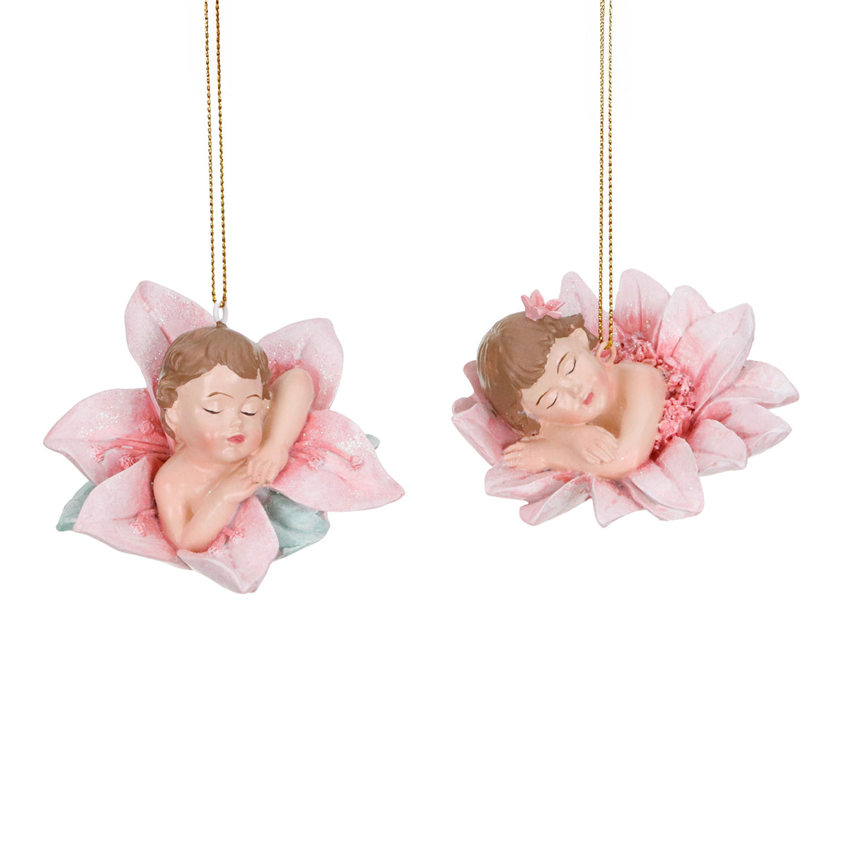 Set 2 ornamente bebeluși adormiți în floare, roz/verde, 7,5 cm