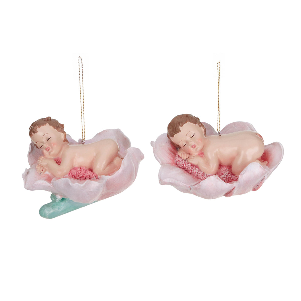 Set 2 ornamente bebeluși adormiți pe floare, roz/verde, 13,5 cm