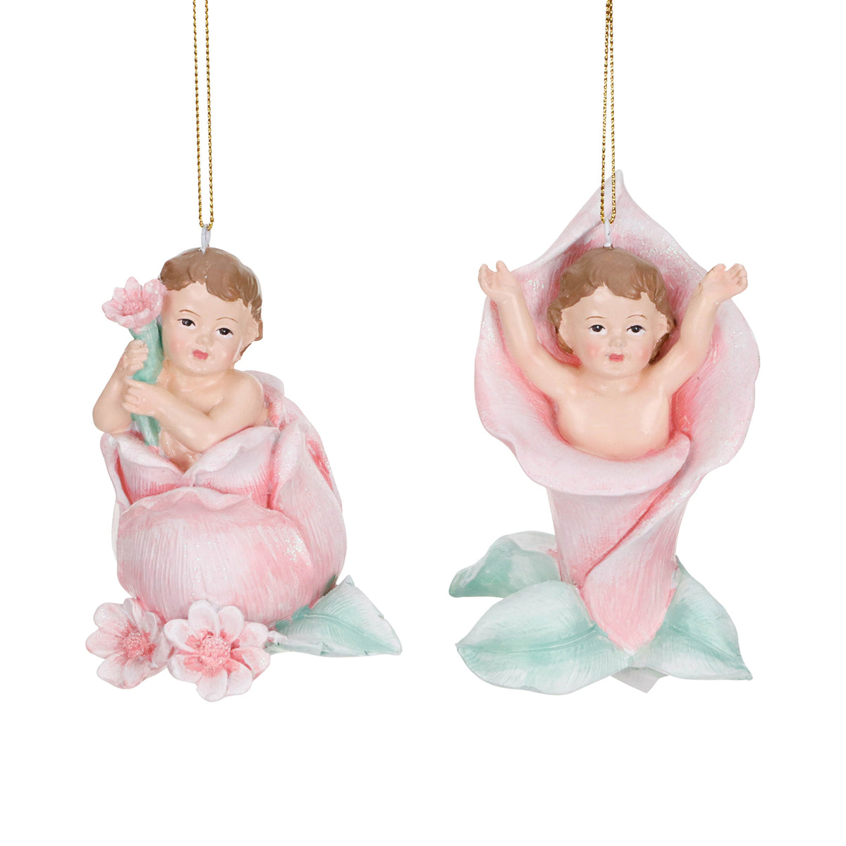 Set 2 ornamente bebeluși în floare, roz/verde, 10,5 cm