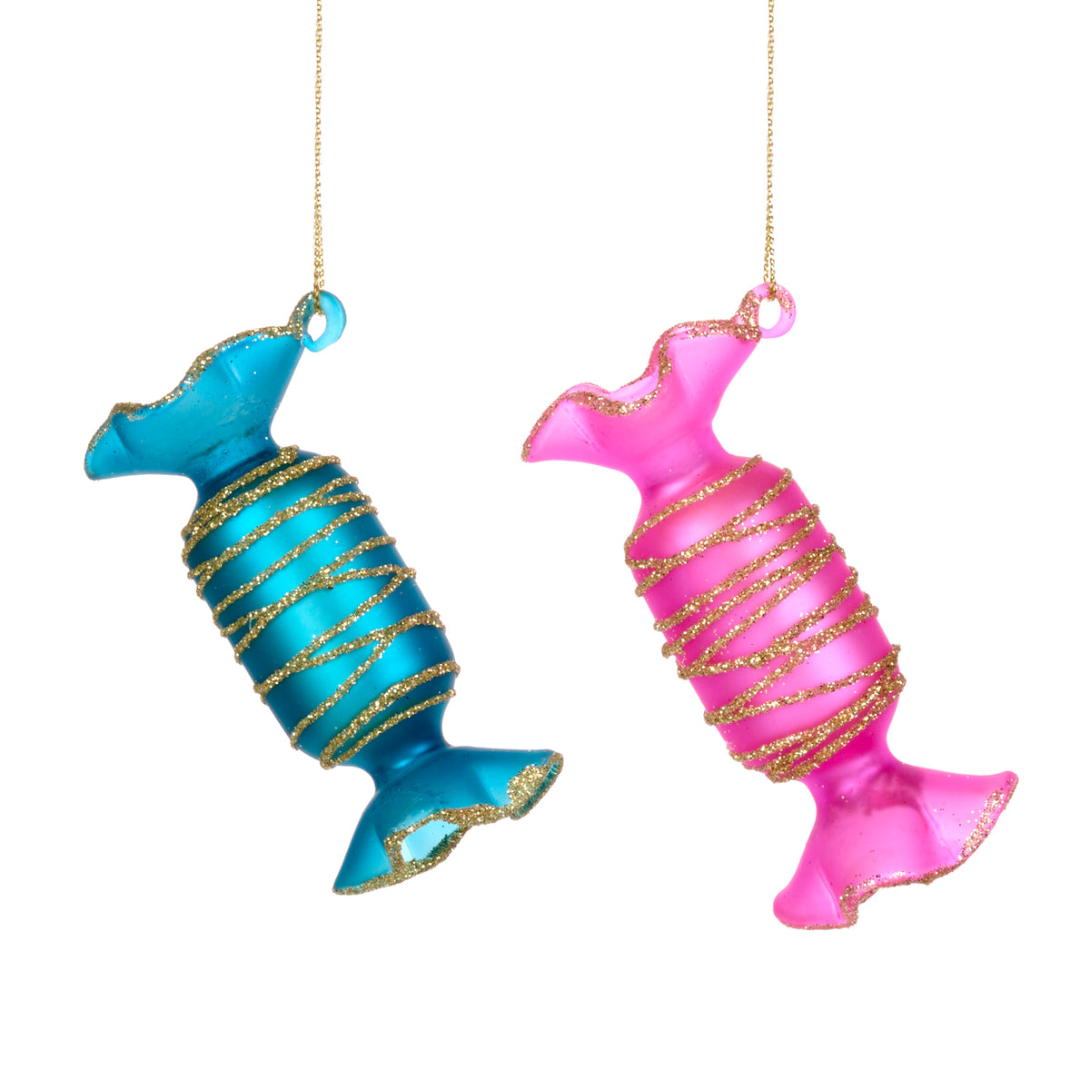 Set 2 ornamente bomboane din sticlă cu sclipici, roz/albastru/auriu, 8 cm