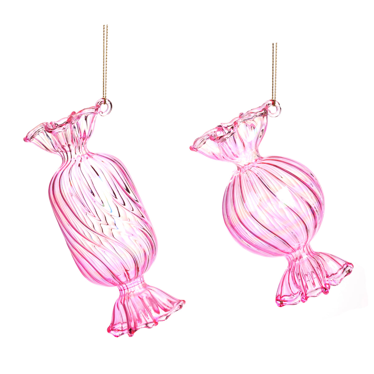 Set 2 ornamente bomboane spiralate din sticlă, roz, 12 cm