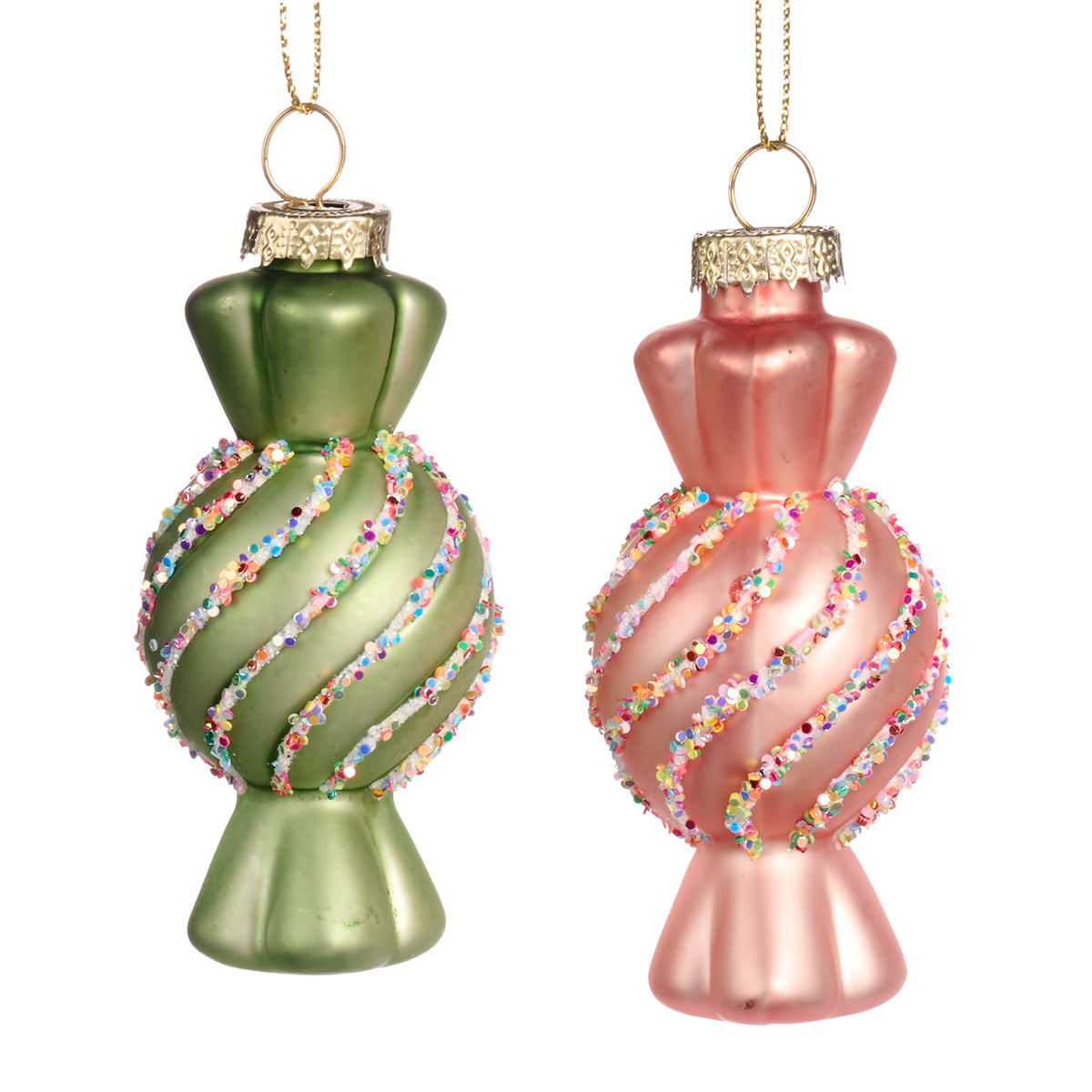 Set 2 ornamente bomboane spiralate din sticlă, roz/verde, 9 cm