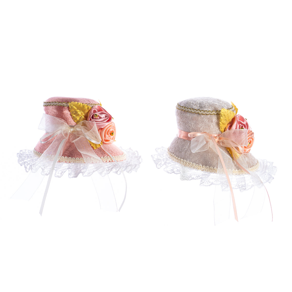 Set 2 ornamente bonetă și pălărie cu flori din textil, roz/crem, 20 cm