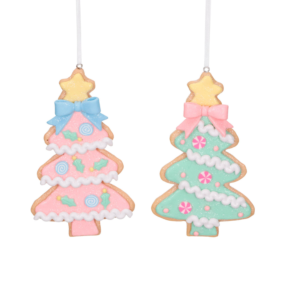 Set 2 ornamente brăduți din lut, în stil bomboană, roz/verde, 13 cm