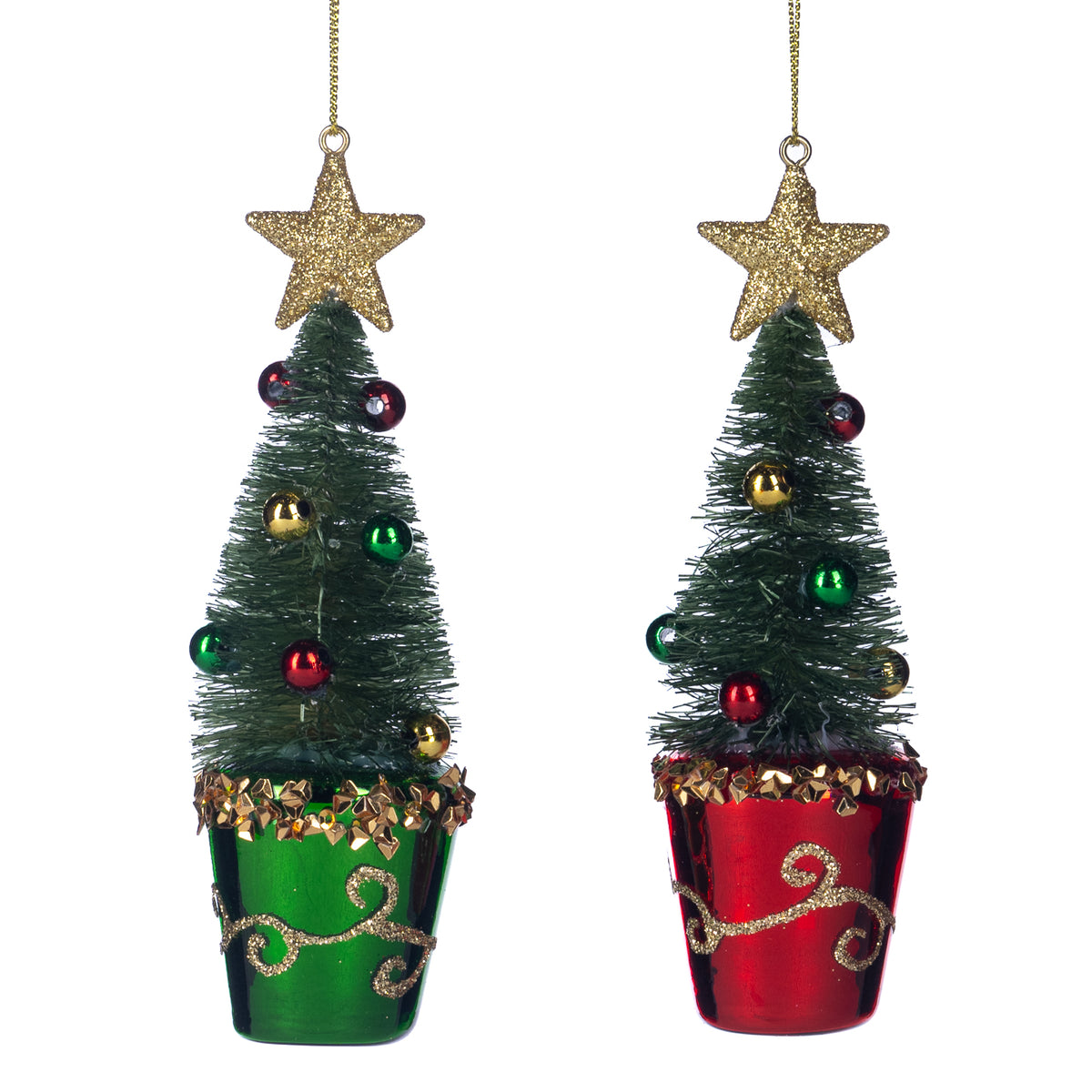 Set 2 ornamente brăduți din sisal în ghiveci, din sticlă, roșu/verde, 15 cm