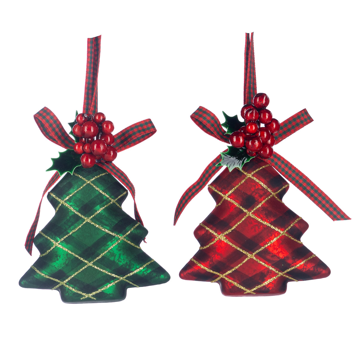Set 2 ornamente brăduți din sticlă cu model tartan, roșu/verde, 11,5 cm
