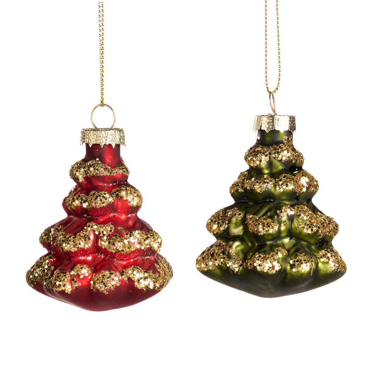 Set 2 ornamente brăduți din sticlă cu sclipici, roșu/verde/auriu, 7,5 cm