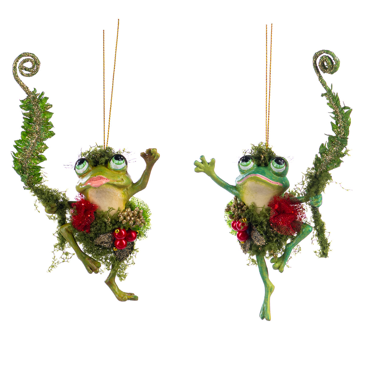 Set 2 ornamente broaște cu ferigă, verde/roșu, 16,5 cm