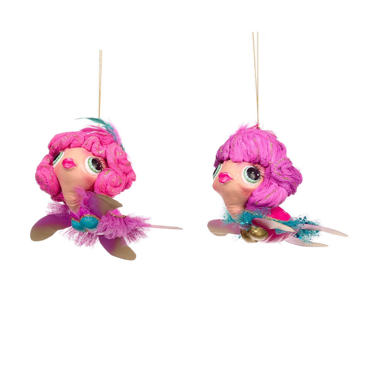 Set 2 ornamente broaște țestoase cu perucă mare, roz/auriu, 12 cm