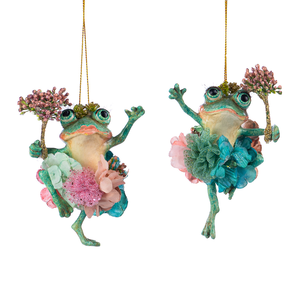Set 2 ornamente broscuțe dansatoare, verde/roz, 12 cm