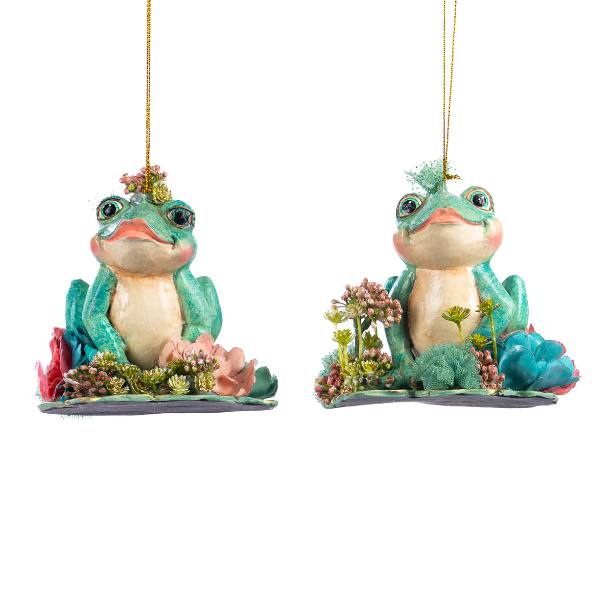 Set 2 ornamente broscuțe pe frunză de nufăr, verde/roz, 10 cm