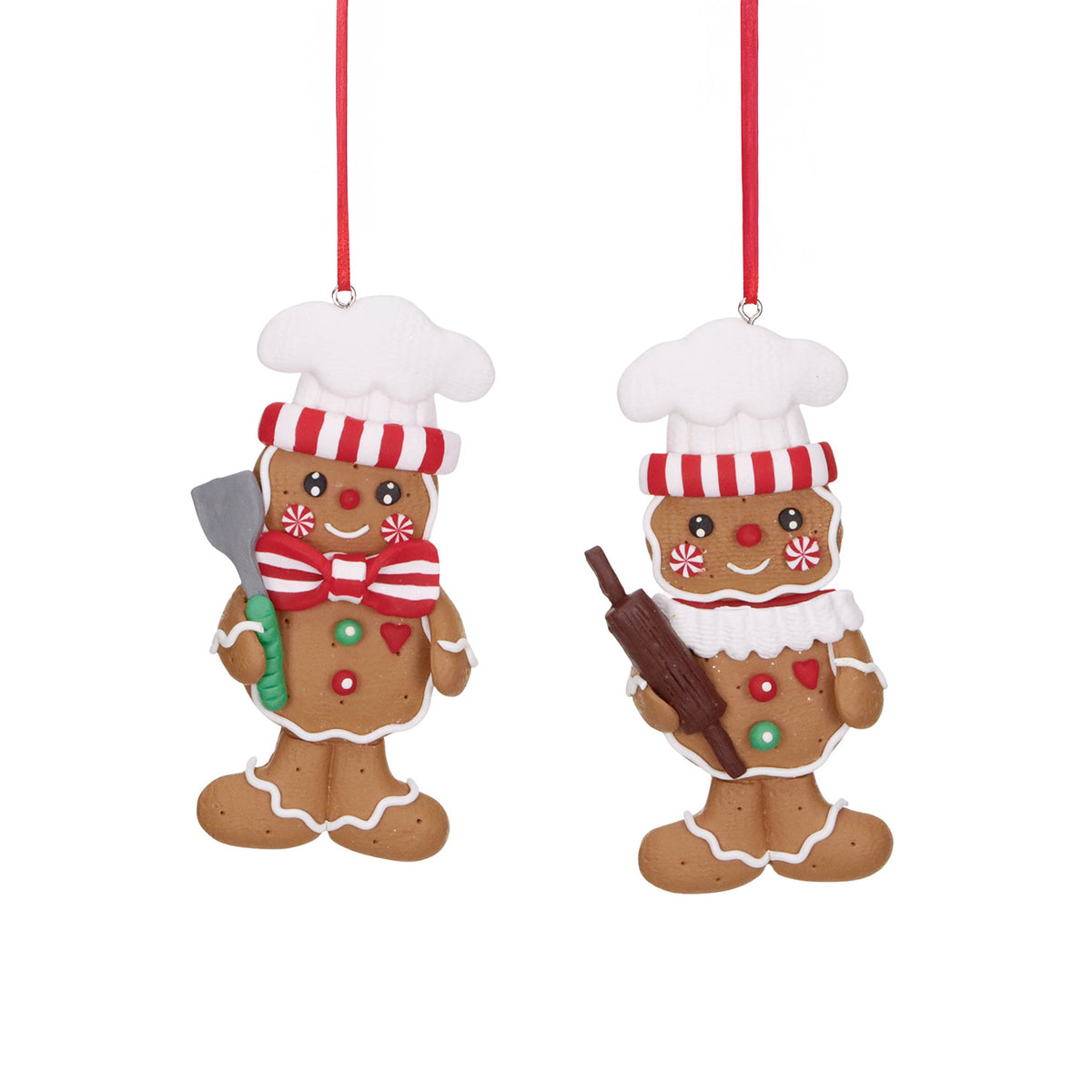 Set 2 ornamente bucătari din turtă dulce, din lut, maro/alb, 11,5 cm