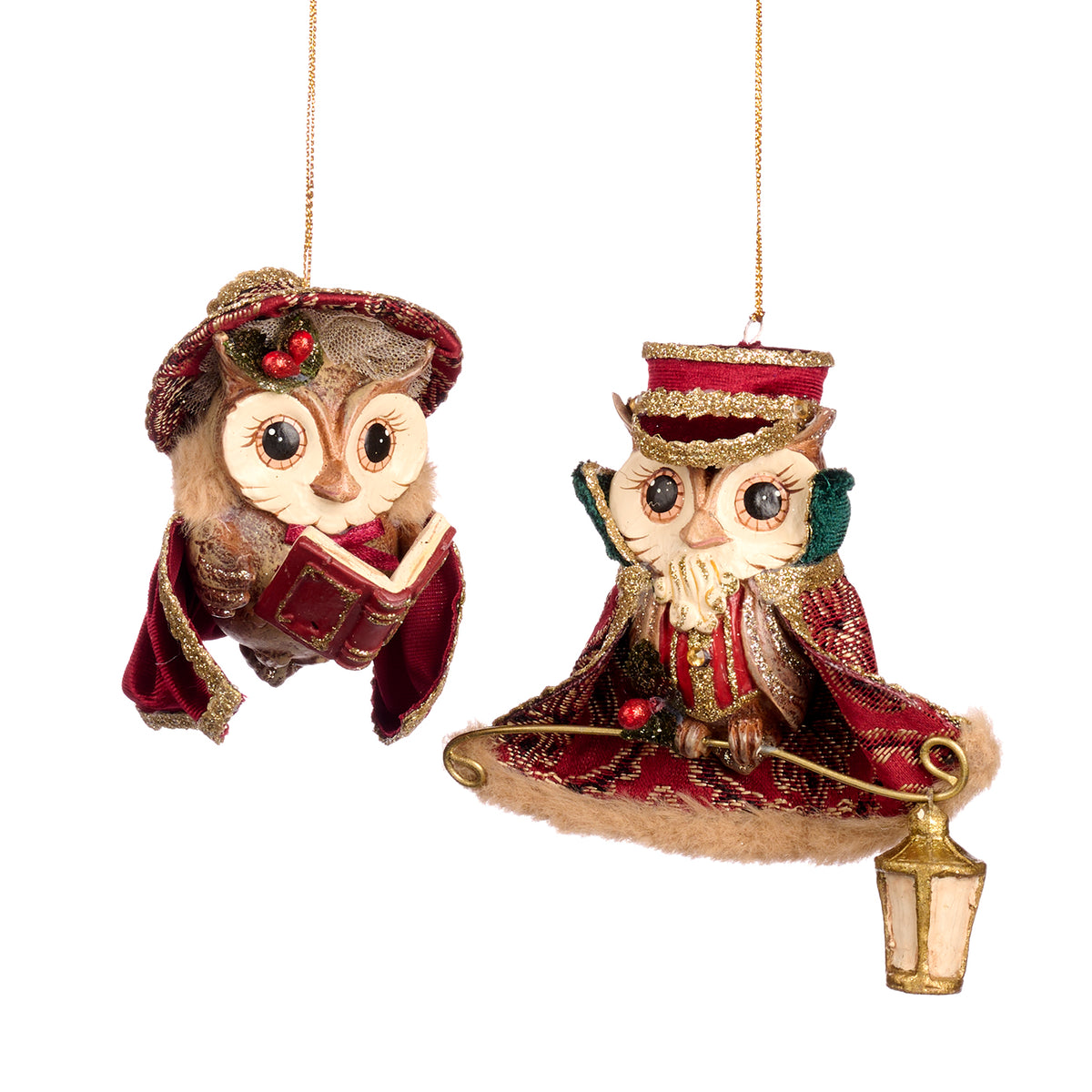 Set 2 ornamente bufnițe colindătoare, de agățat, burgund, 10 cm