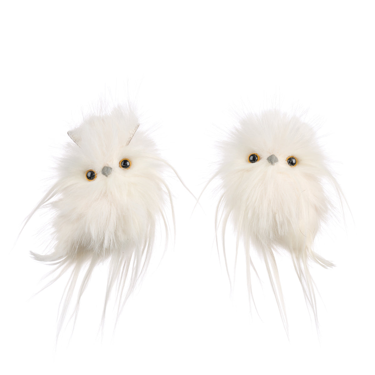 Set 2 ornamente bufnițe din blăniță cu păr lung, alb/crem, 11 cm