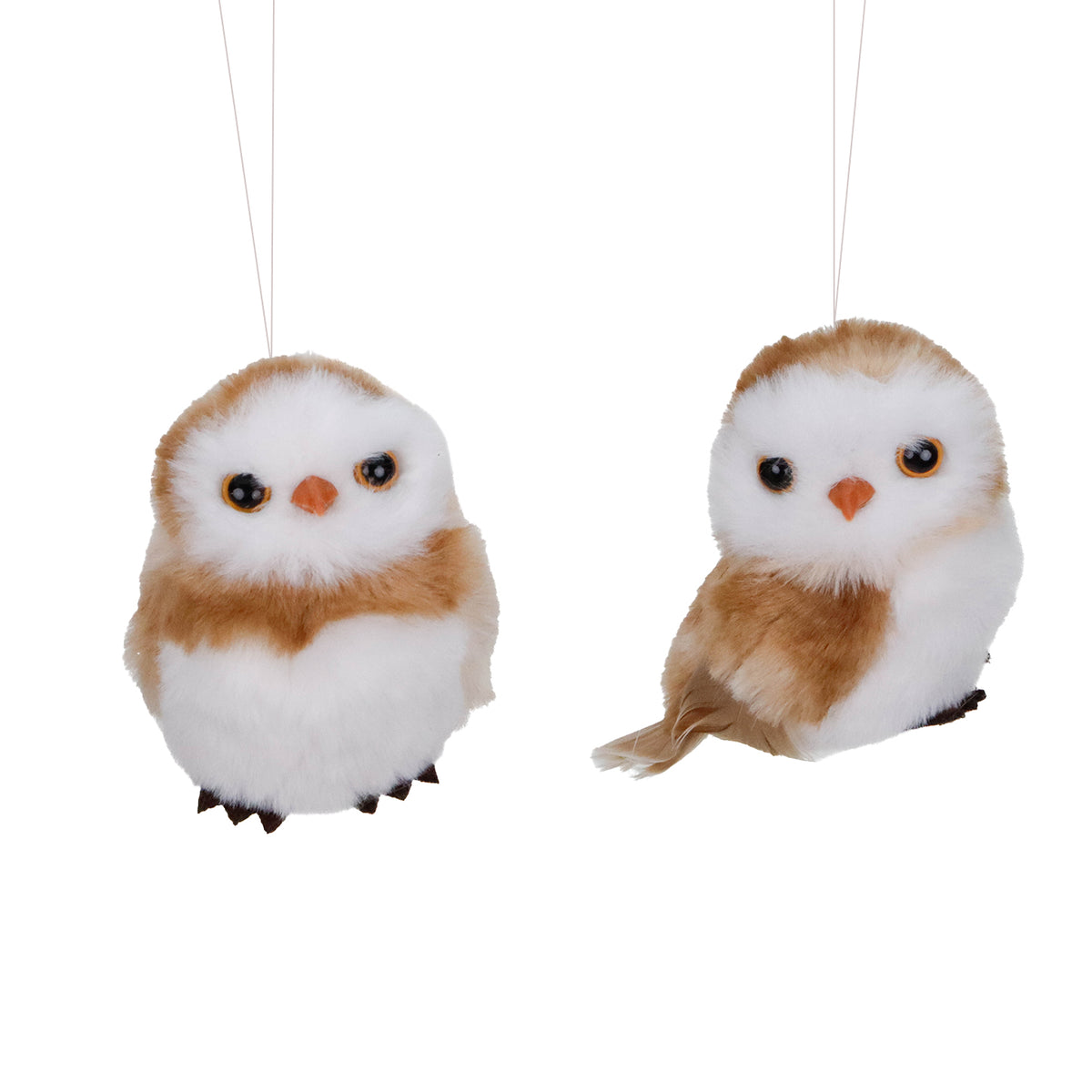 Set 2 ornamente bufnițe din blăniță și pene, crem/maro/alb, 8 cm