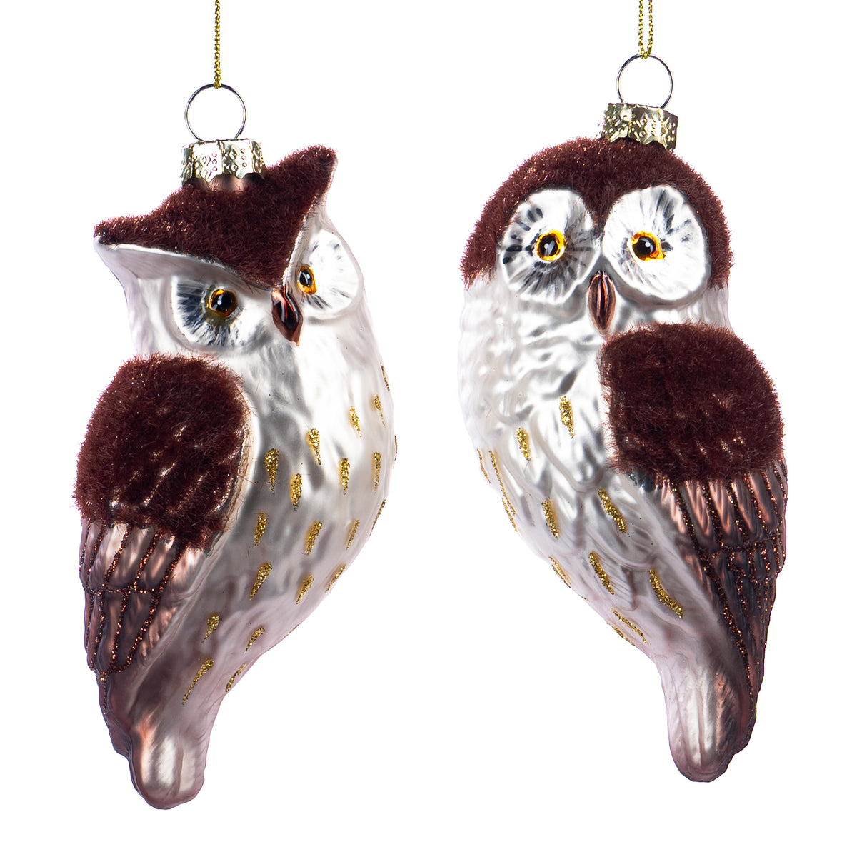 Set 2 ornamente bufnițe înzăpezite din sticlă, maro/crem, 14 cm