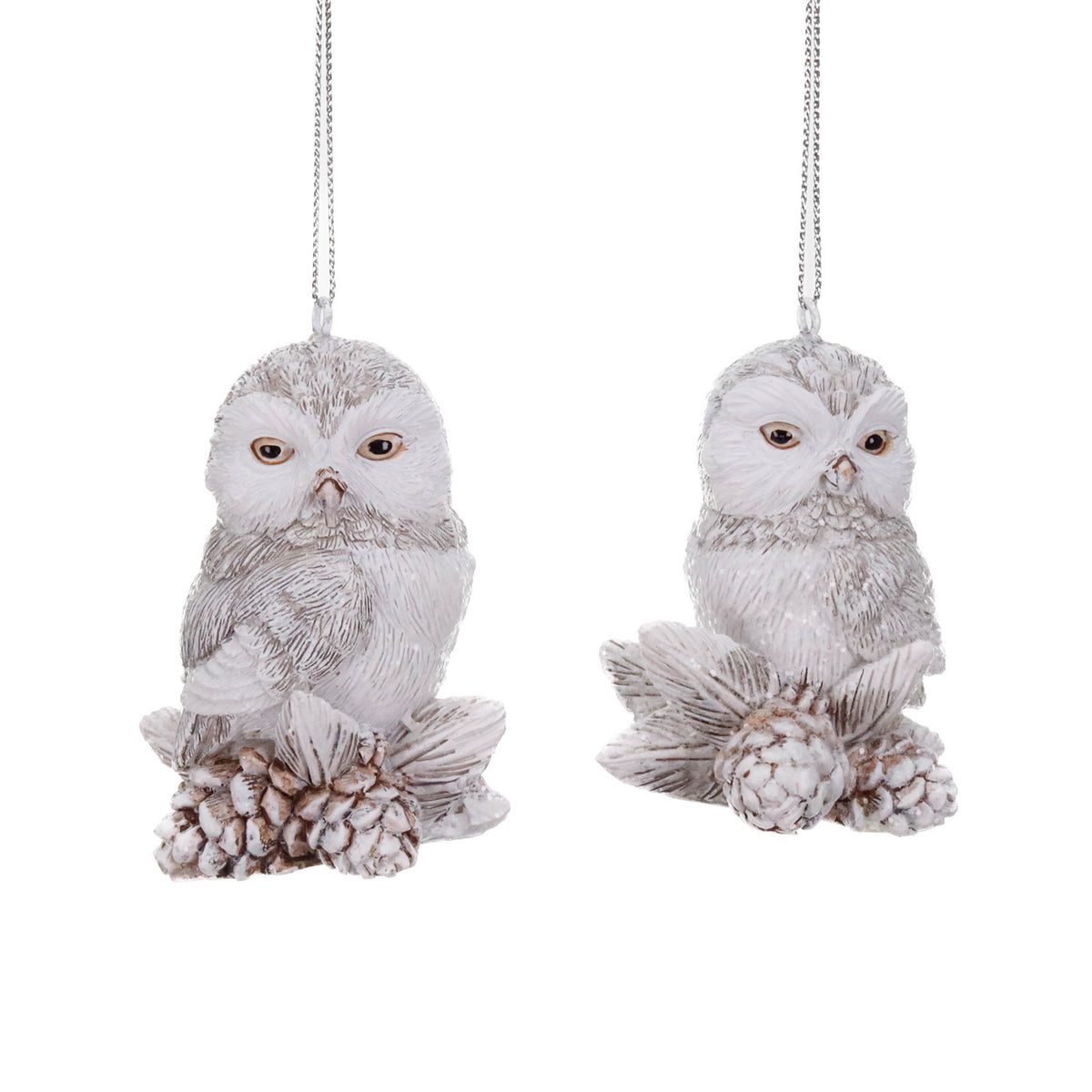 Set 2 ornamente bufnițe pe conuri de brad, alb/maro, 7,5 cm