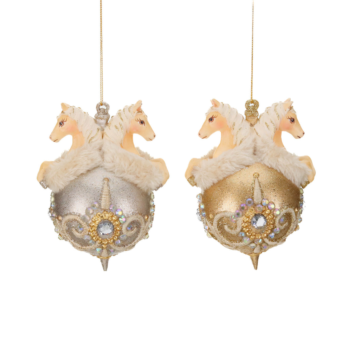Set 2 ornamente cai pe glob, Regal Winter, auriu/șampanie, 14 cm