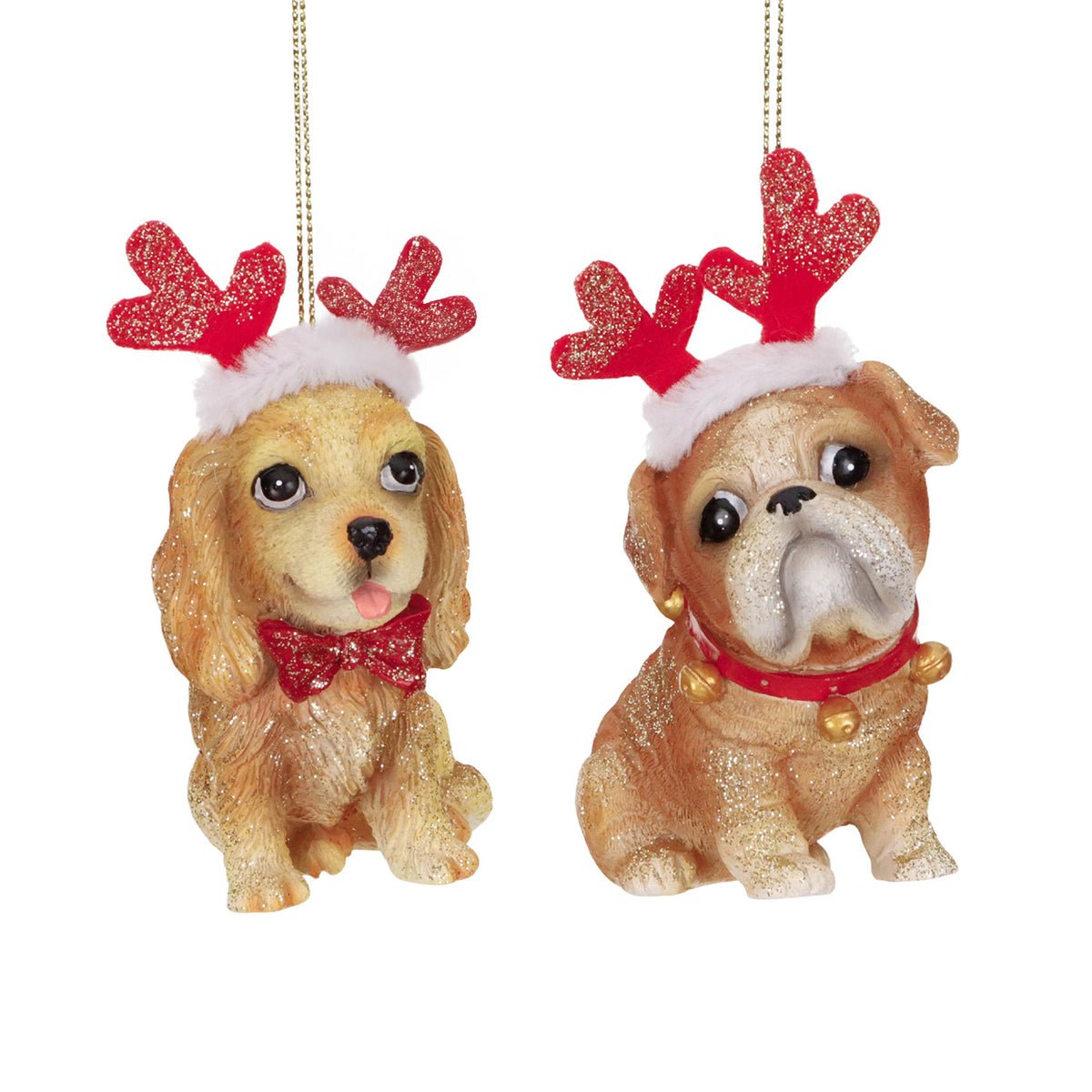 Set 2 ornamente câini de Crăciun, crem/maro/roșu, 9,5 cm