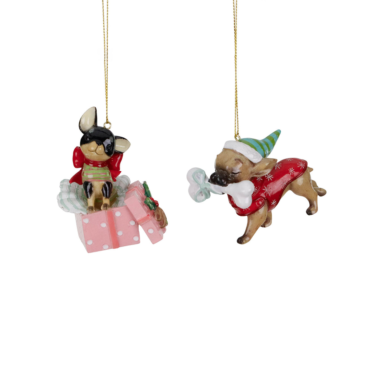 Set 2 ornamente câini de Crăciun cu os și cadou, roșu/roz, 12,5 cm